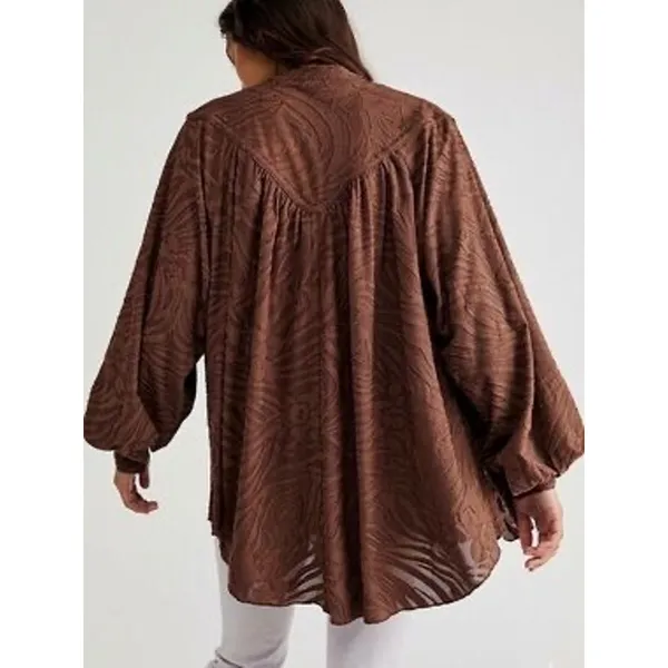 Free People Brown Button Up Dramatic Blouse Boho Oversized Size Large - Image 2