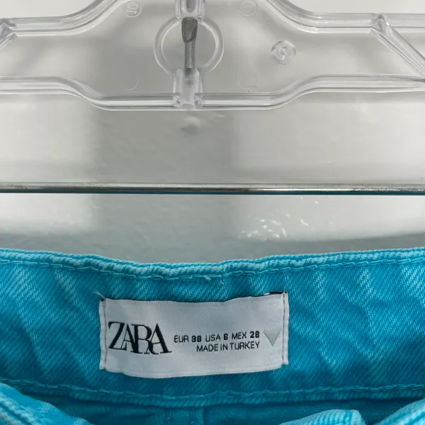 ZARA Wide Leg Blue Colored Denim High Waisted Raw Hem Jeans - Image 6