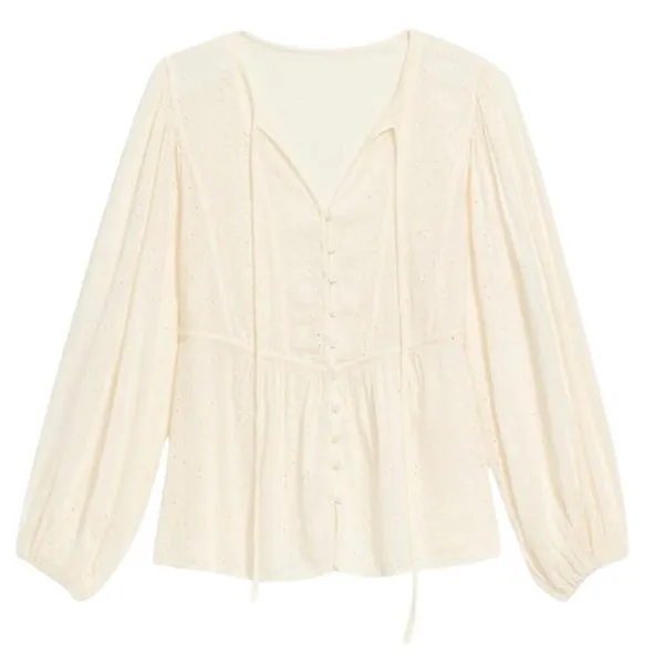 Old Navy Cream Embroidered Tie-Neck Blouse Balloon Sleeve Women’s Size L Peplum - Image 3