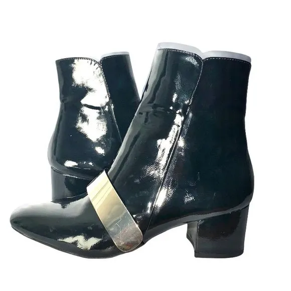 Zara Womens Black & Gold Patent Leather Almond Toe Chunky Block Heel Ankle Boots - Image 4
