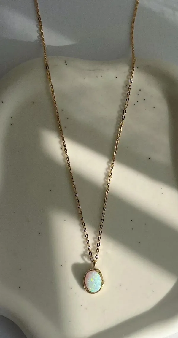 Oval Opal Necklace – Gold Plated Stainless Steel Chain - Image 2