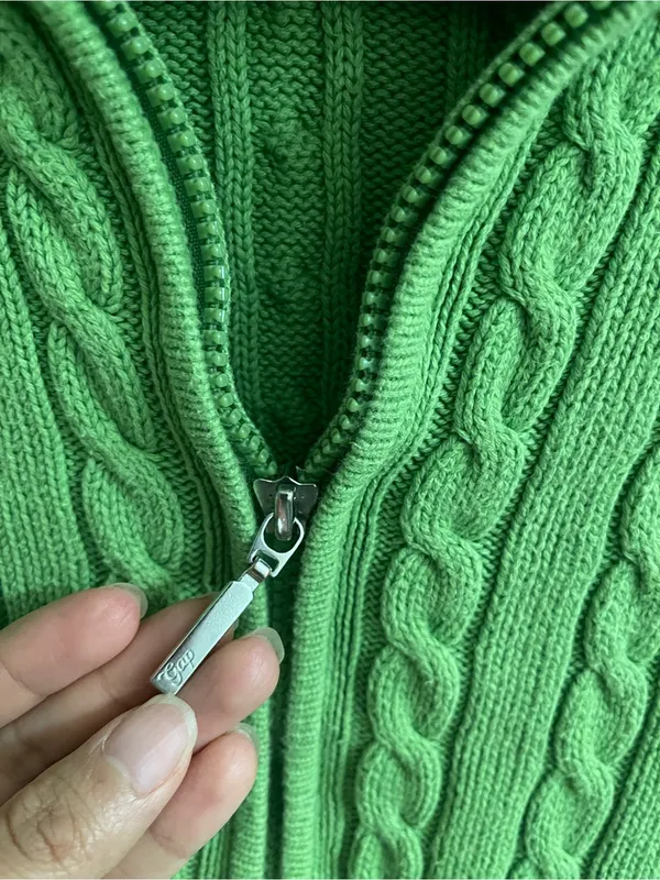 Vintage GAP Green Cable-Knit Zip-Up Cardigan - Image 3