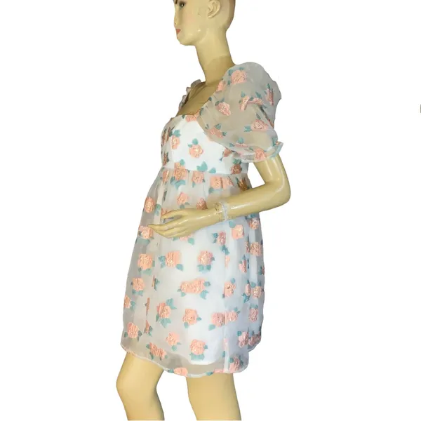 Altar'D State White W/Peach & Green Floral Print Organza Baby Doll Dress (M) - Image 4