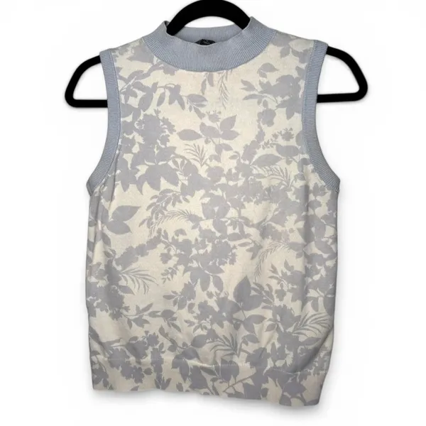 ANN TAYLOR M Knit Sleeveless Mock Neck Top Tank Shirt Floral Baby Blue loft - Image 2