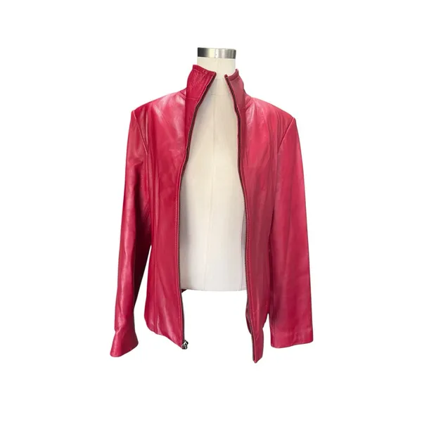 Siena Women's Red Leather Jacket Small Zip Front Moto Biker Coat Lined Slim - Image 10