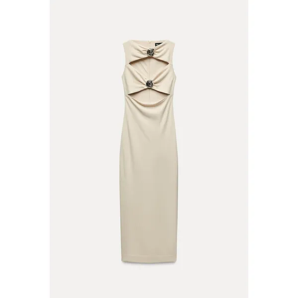 Zara Womens Midi Dress Large Cream Cut-Out Metallic Hardware 9398/249 - Image 2