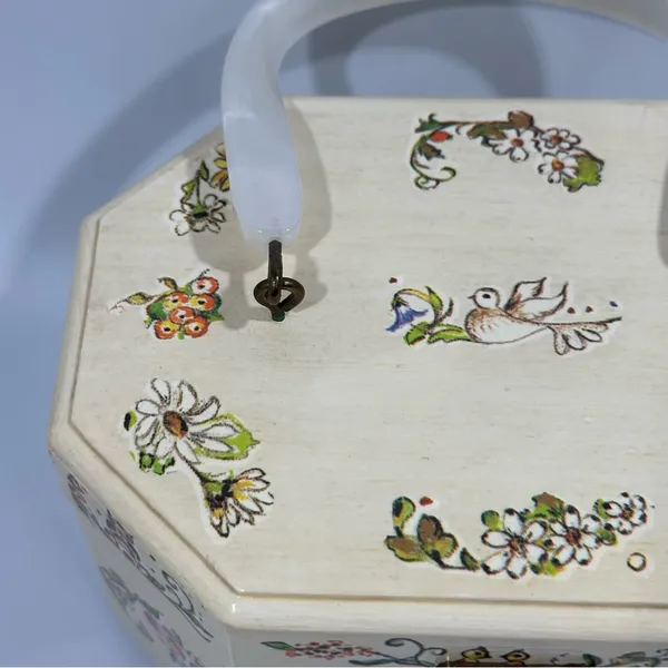 Vintage Floral Wood Octagonal Box Purse Cottagecore Fairy Coquette Birds Animals - Image 2