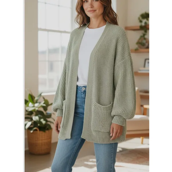 POL Oversized Chunky Open Cardigan Sage Green Lantern Sleeve Sweater size Small - Image 12