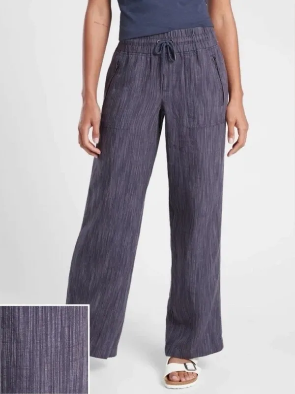 Athleta Cabo Linen Textured Wide Leg Pants Size Medium Navy Blue - Image 2