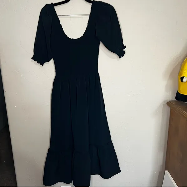 Hill House The Nap Louisa Black Puff Sleeve Smocked Waist Tiered Midi Dress‎ - Image 5