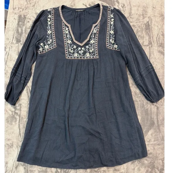 Abercrombie & Fitch Mini Dress Womens Navy Blue Embroidered Boho Gauze Large - Image 2
