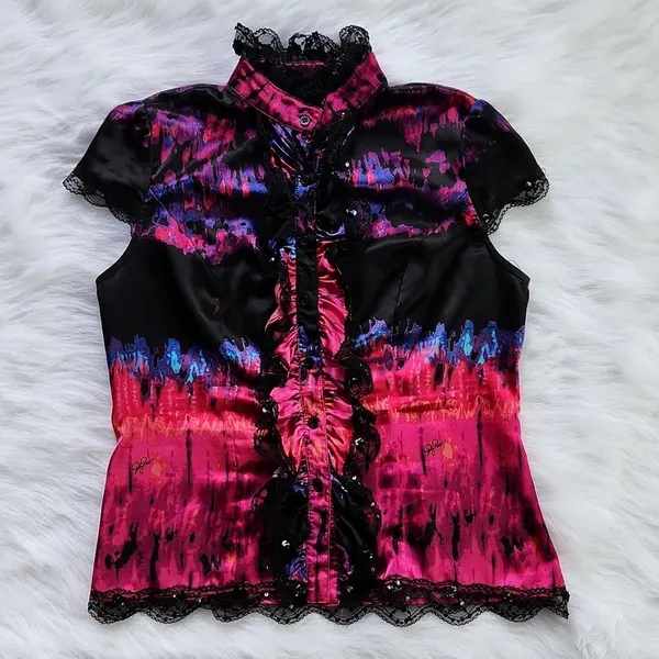 Baby Phat -257 Y2K satin like lace and sequin blouse hot pink and‎ black Large - Image 4