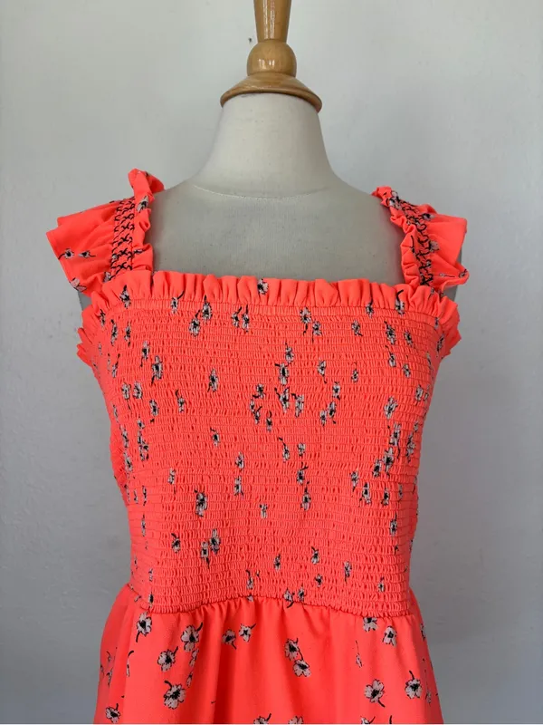 CeCe Neon Coral Floral Smocked Sleeveless Peplum Tank Top - Image 2