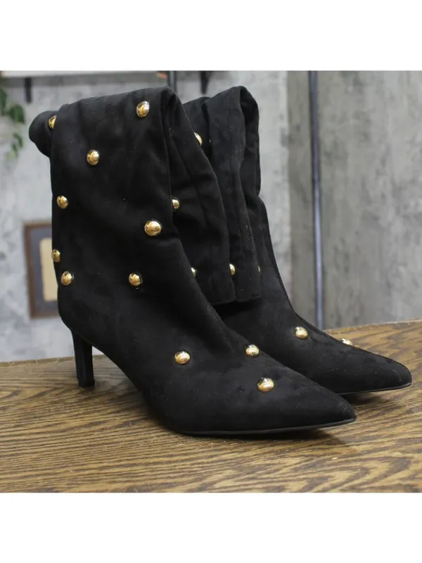 A New Day Studded Faux Suede Mid-Calf Boots with Cone Heel Jet Black / Gold 9M - Image 2