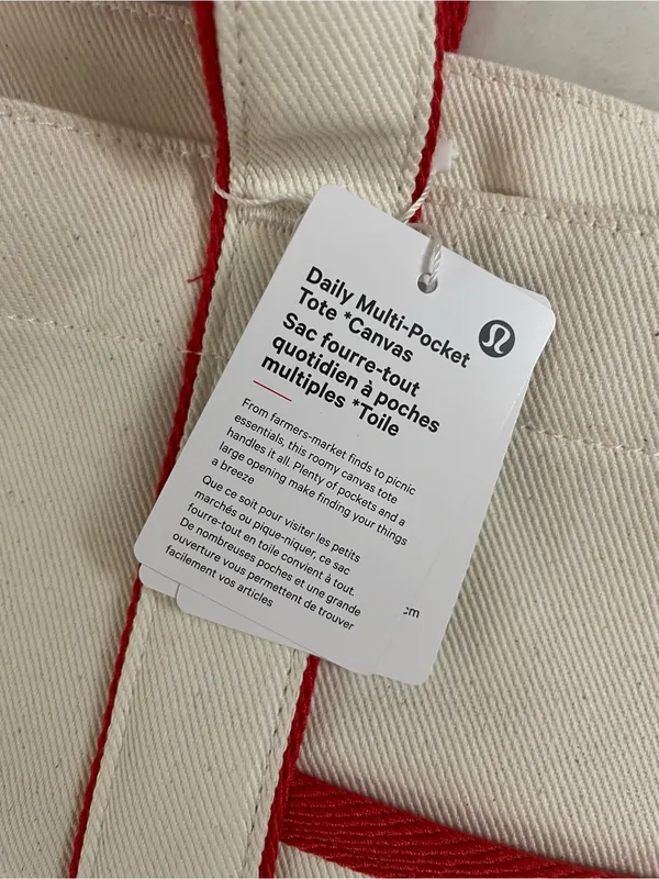Lululemon NWT Daily Multi Pocket Canvas Tote Bag 20L Cream Red Trim - Image 9