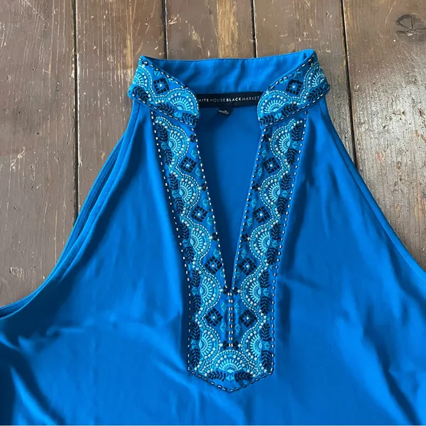 White House Black Market Beaded Turquoise Jersey Embroidered Shift Dress - Image 4