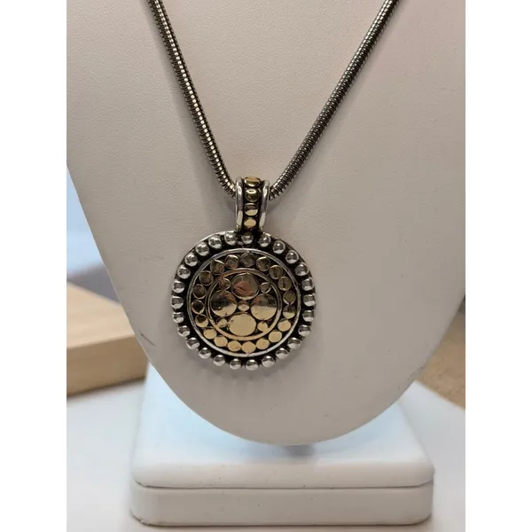 Vintage-Style Gold & Silver-Tone Pendant Necklace With Round Textured Medallion - Image 2
