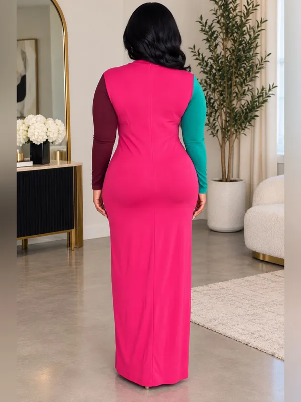 Colorblock Long Sleeve Maxi Dress in Hot Pink - Image 3