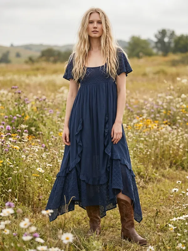 Free People Ethereal Bohemian Bring The Romance Maxi Dress Midnight Blue Small - Image 3