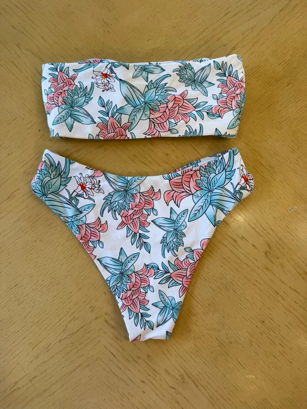 Zaful Floral Bandeau Bikini - Pink & Teal on White Sz S - Image 2