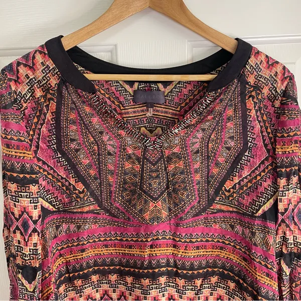 Hale Bob Pink and Black Geometric print artsy Silk tunic Size Large romantic - Image 5