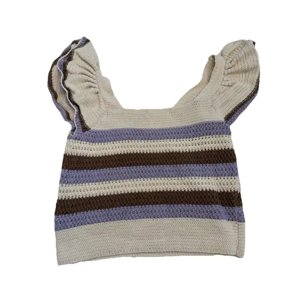 MNG Mango Beige Striped Knit Ruffle Flutter Sleeve Square Neck Cropped Top S - Image 7