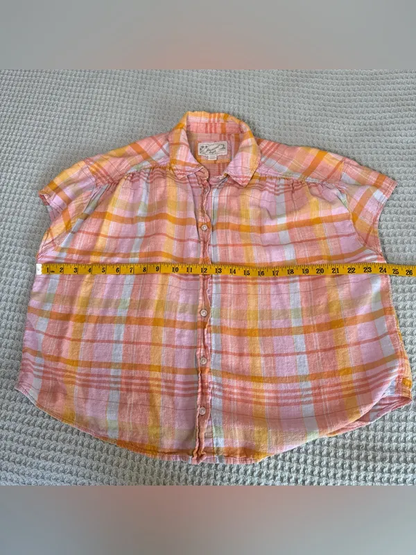 American Eagle Linen Blend Button Down Shirt Womens Small Orange Pink Plaid Boxy - Image 6