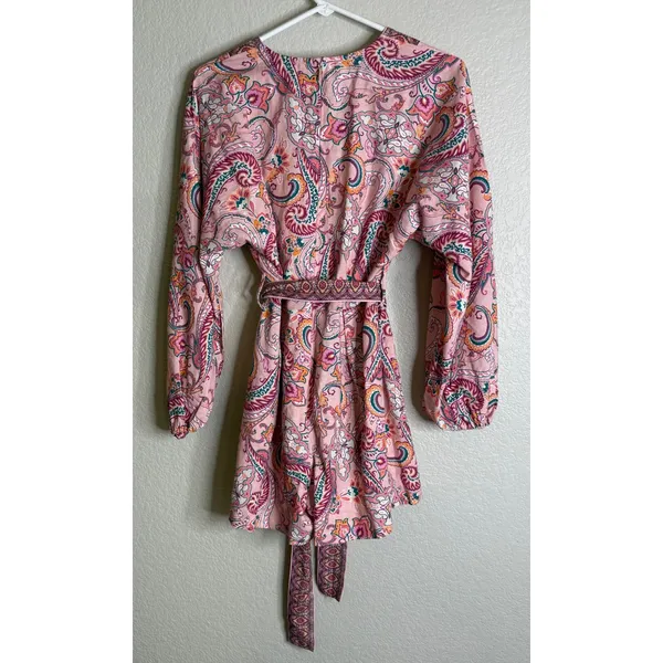 Venus 2 Romper Pink Paisley Long Sleeve V Neck Tie Waist Boho Shorts Linen Blend - Image 2