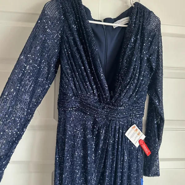 Mac Duggal 26490 Midnight Sequin Long Sleeve‎ Faux Wrap Formal Gown NWT - Image 5