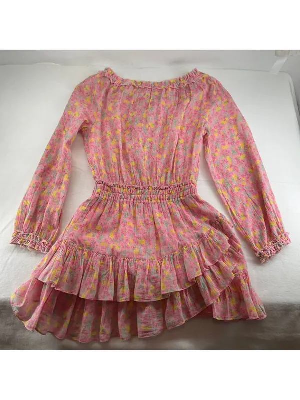 LoveShackFancy Pink yellow Floral Rayna Cotton Mini Dress size S Ruffled Layers - Image 5