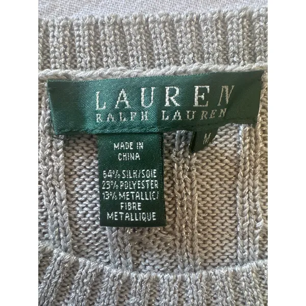 Lauren Ralph Lauren Metallic Cable Knit Sweater Women’s Medium Silver Silk Blend - Image 6