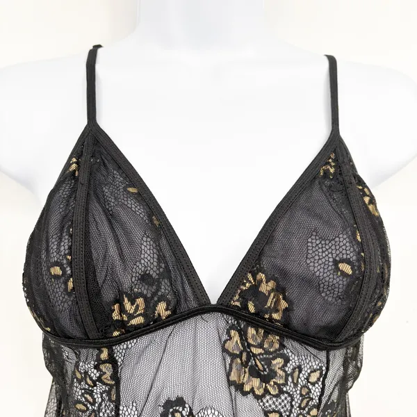 Fredericks of Hollywood Womens Black Gold Floral Lace Whimsigoth Babydoll Slip M - Image 2