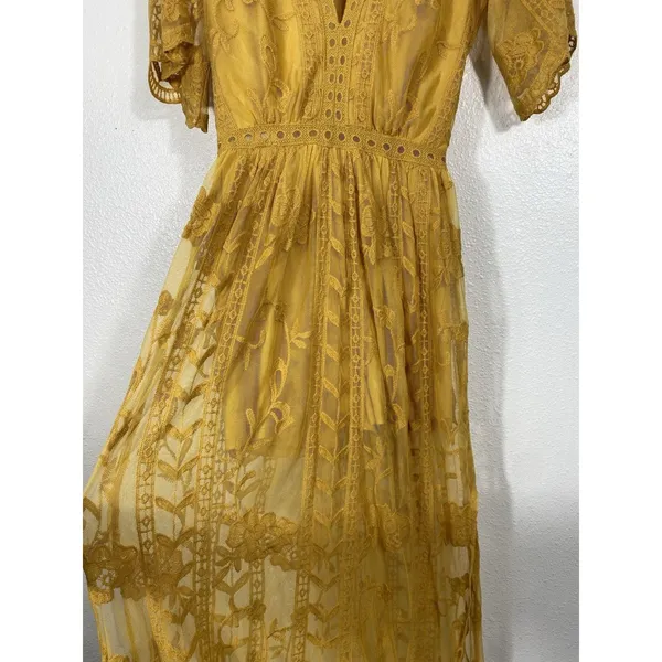 Socialite mustard embroidered lace plunge maxi dress Size Xs 100% Nylon & Cotton - Image 7