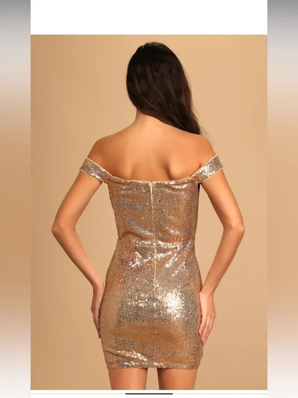 Lulus Magic Maker Gold Metallic Off-the-Shoulder Bodycon Mini Dress size Med - Image 2