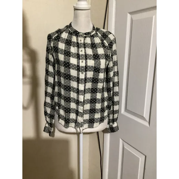 Pilcro Anthropologie Black White Plaid Viscose Wool Blend Button Down Blouse S - Image 2