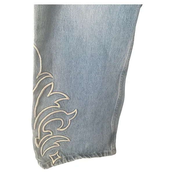 Forever 21 Light Blue Flare Jeans with White Embroidery - Image 3