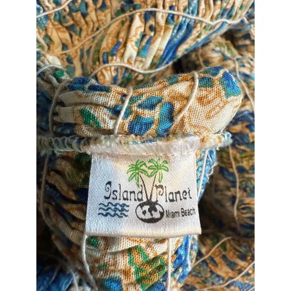 Island Planet Miami Beach Smocked‎ Strapless Floral Cotton Midi Dress Blue Green - Image 3