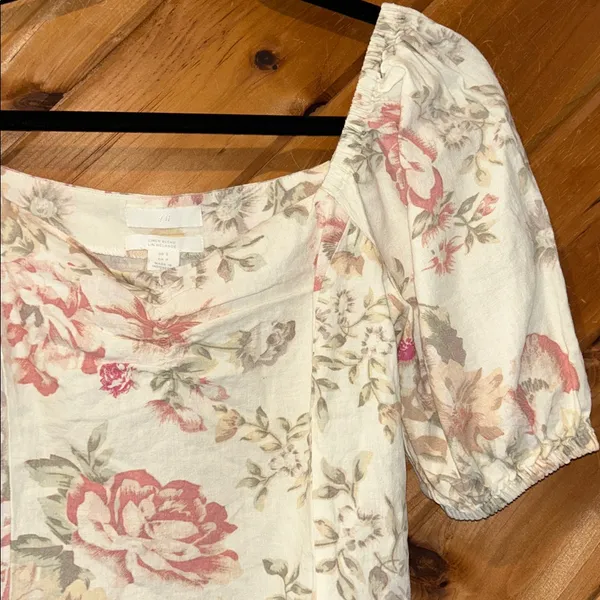 H&M vintage floral linen-blend puff sleeve top - Image 5