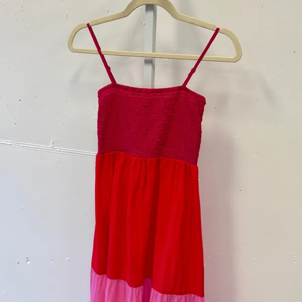 LOFT Outlet Colorblock Smocked Tiered Maxi Dress Red Pink XS Boho Cotton Summer - Image 3