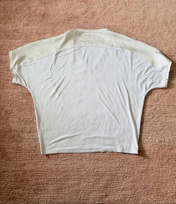 Pearl Ivory Satin Front Knit Back Oversized V Neck Blouse - Image 4
