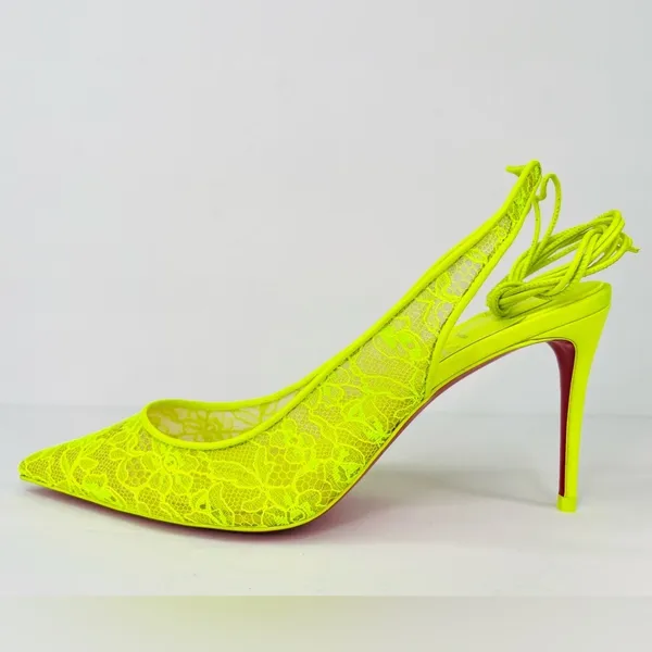 Christian Louboutin Kate 85mm Lace Wraparound Neon Fluo Yellow Pumps EU 38 - Image 10