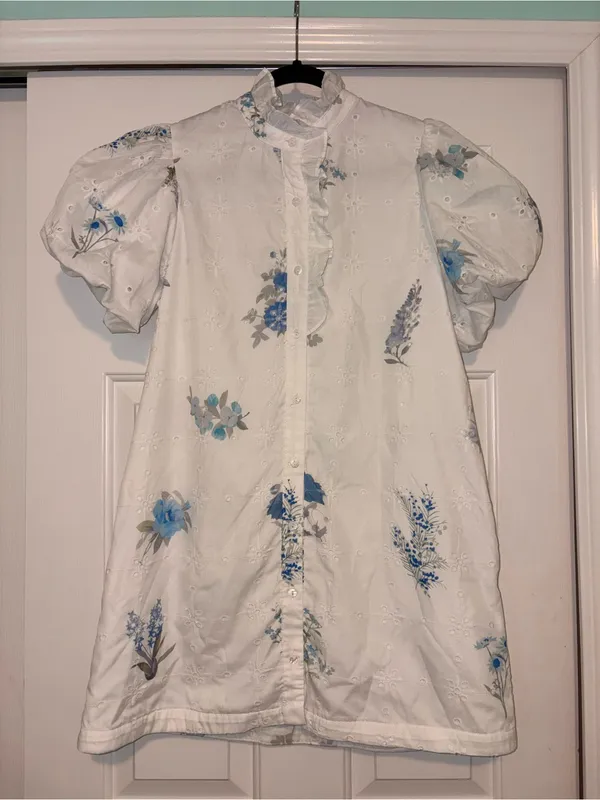 entro White Floral Eyelet Puff-Sleeve Shirt Dress Size S - Image 4