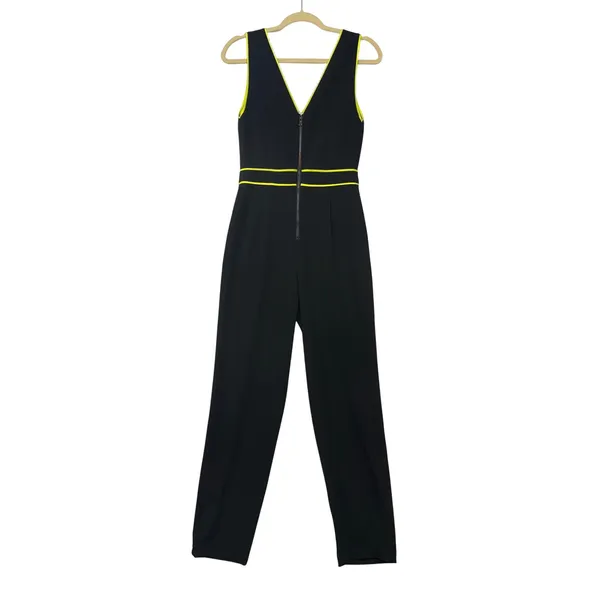 Alice + Olivia Black Neon Yellow‎ Piping V-Neck Sleeveless Jumpsuit Size 4 - Image 6