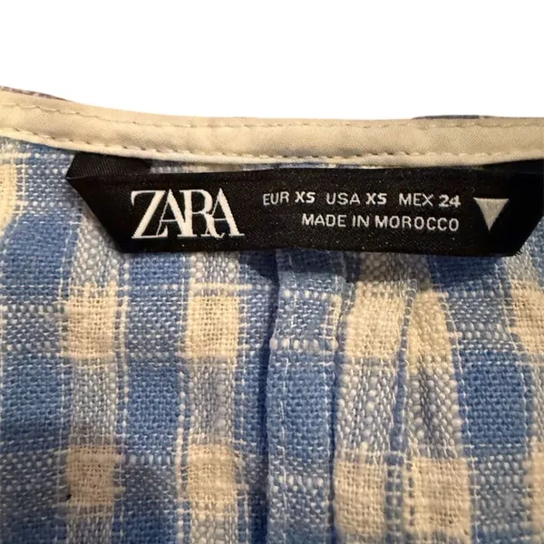 Zara Women's XS Blue Gingham Check Cropped Blouse Short Sleeve - Image 5