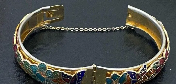 Vintage Unsigned Gold-tone Floral Flower Cloisonne Hinged Bangle Bracelet 36.2g - Image 10