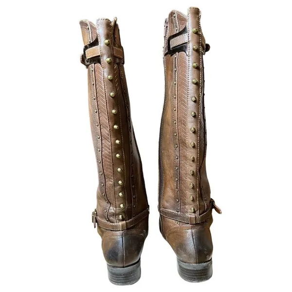 Gianni Bini Steampunk Boots Size 5.5 Mid Calf Low Heel Brown Leather Wrap Strap - Image 3