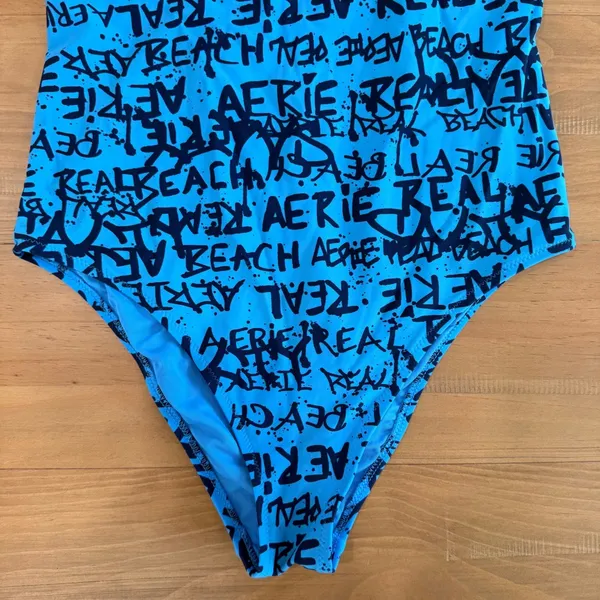 Aerie Real Beach Cheeky One Piece‎ Swimsuit Blue Black Graffiti Text Ribbed M - Image 4