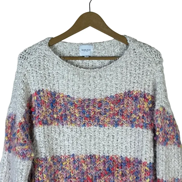 Gilli Striped Popcorn Knit Boat Neck Sweater White Multicolor Boho Size M - Image 3