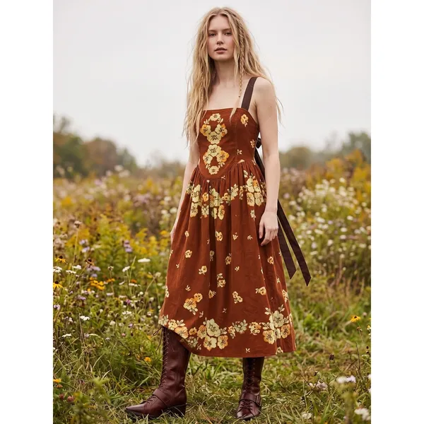 Free People Dainty Cottage Micro Corduroy Until Dawn Midi Dress Brown XL - Image 5