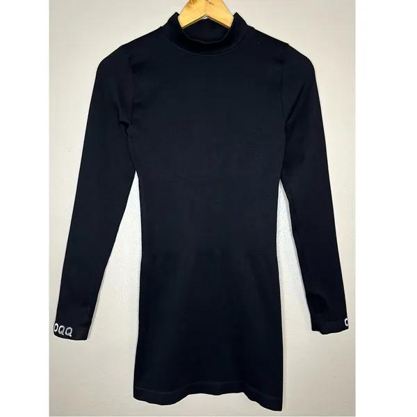 OQQ Fitted Black Mock Neck Long Sleeve Mini Dress Thumbholes - Image 2